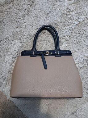 Structured Two-Tone Beige and Black Satchel
